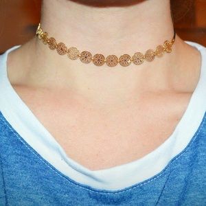 Gold Circle Choker Necklace - Black Band